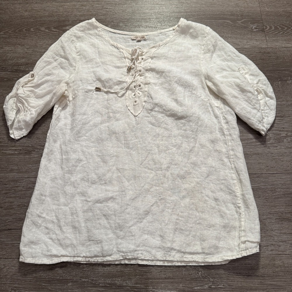 Lina Tomei Blouse Womens Medium White 100% Linen Coastal Beach Italy Roll Tab‎